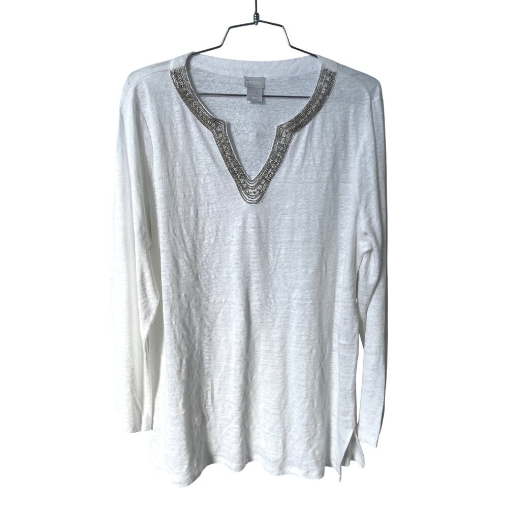 Chicos Linen Tunic Size Large Silver Beaded Embellished Long Sleeve White V-Neck